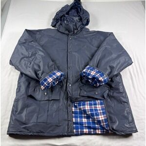 Duck Bay Rain‎ Coat Mens Large Blue Flannel Lined Water Resistant Jacket Hooded